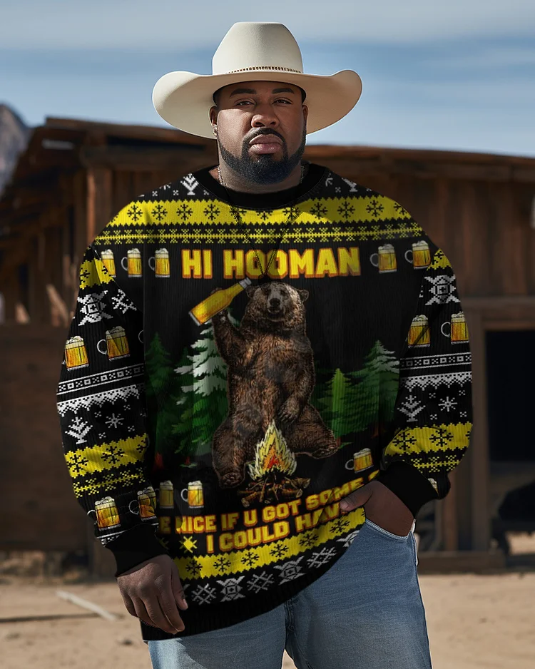 Men's Plus Size Brown Bear Lifestyle Outdoor Camping Beer Long Sleeve Sweatshirt