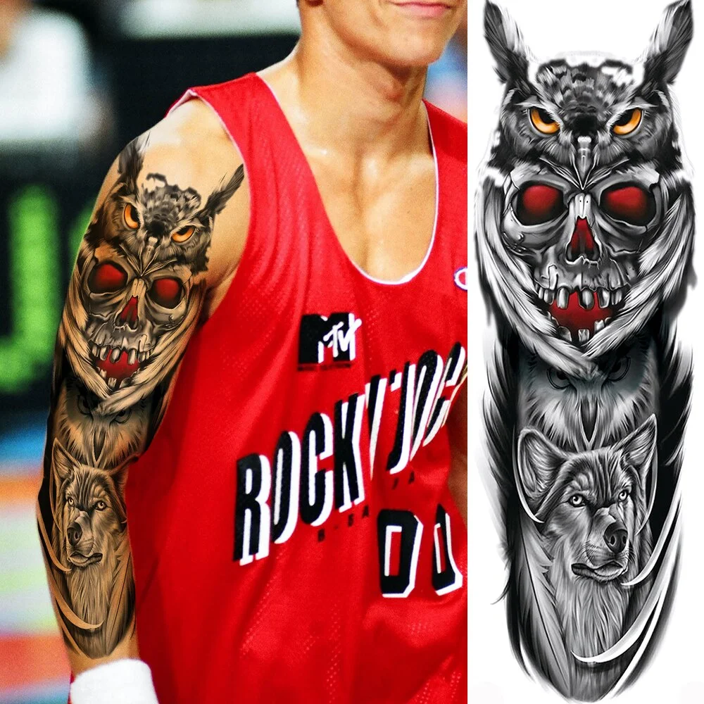 Sdrawing Totem Tattoo Arm Sleeve For Men Women Adult Realistic Fake Skeleton King Temporary Tattoo Evil Eye Demon Death Skull Tatoo