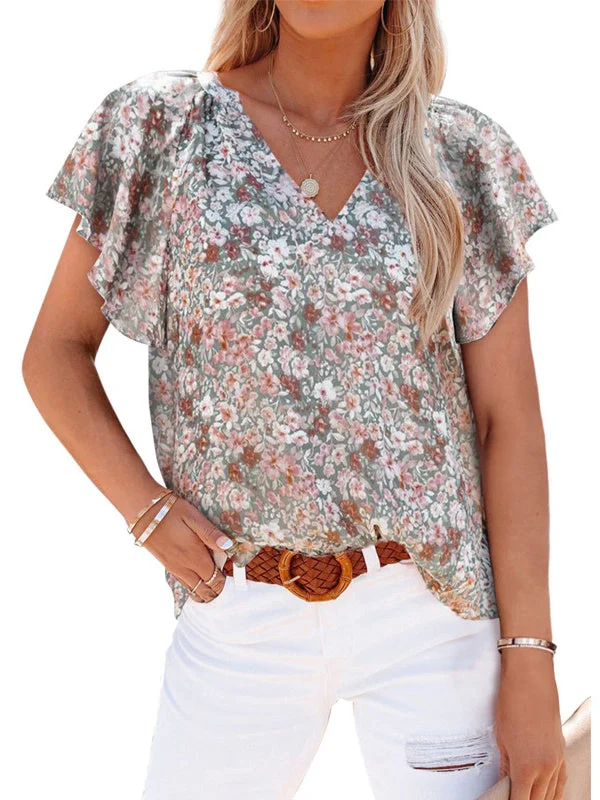 Women's Floral Printed Short Sleeve Batwing Sleeve V-neck Top