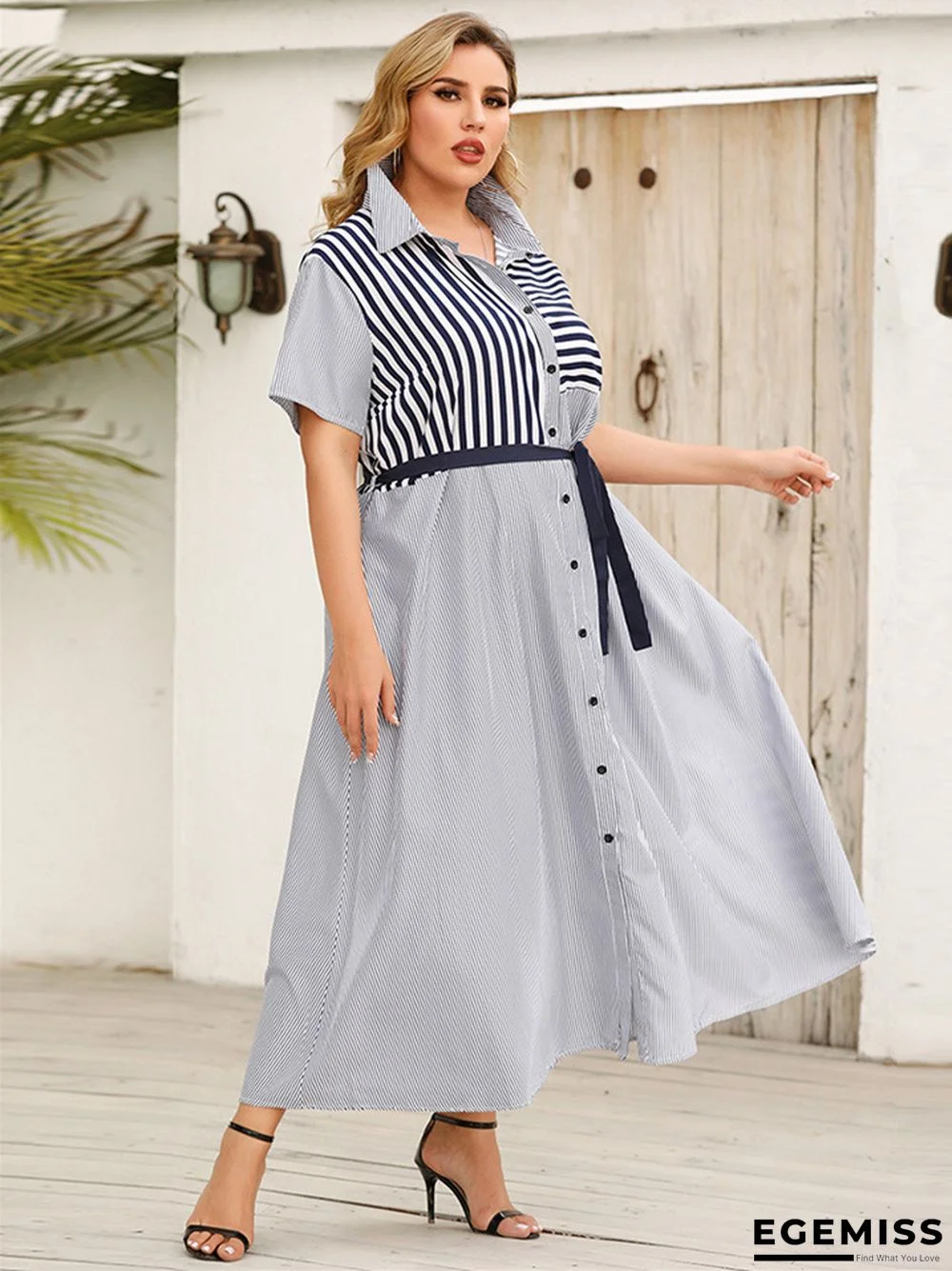 New Polo Stripe Short Sleeve Bandage Shirt Dress | EGEMISS