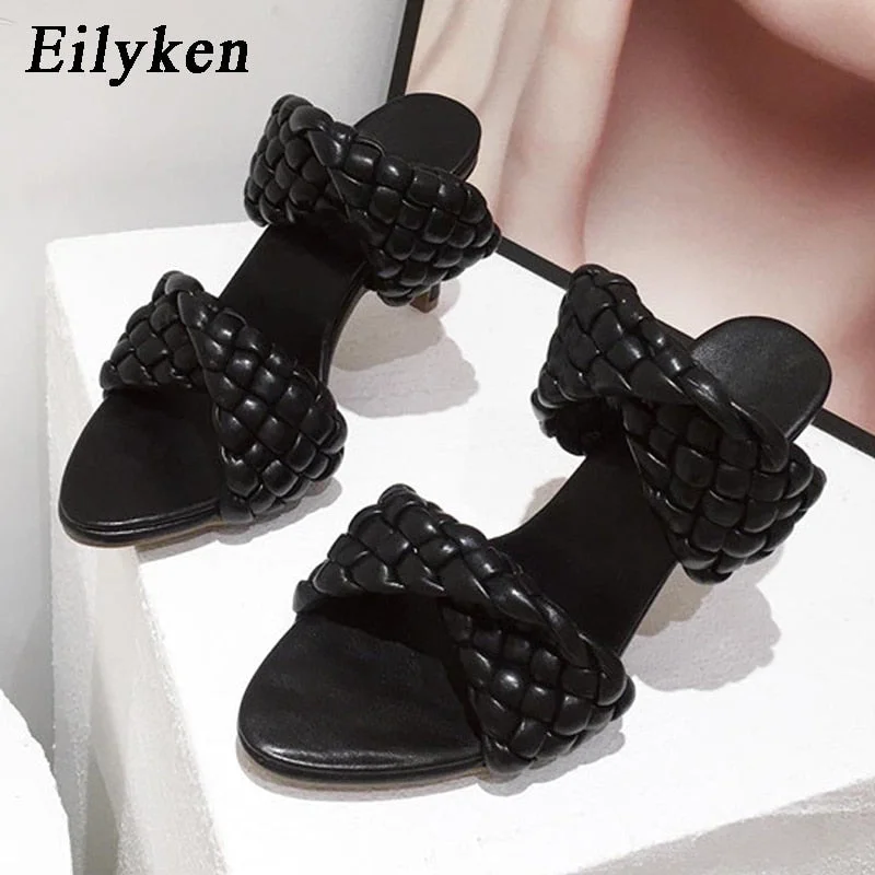 Eilyken Fashion Woman Handmade Weave Knitted Slippers Lady Crossover Open Toe Thin Heels Party Sandals White Black Blue size 42