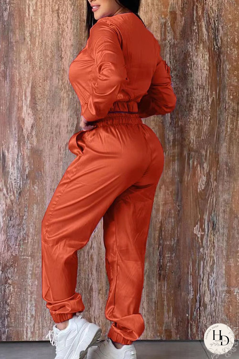 Tangerine Red Casual Sportswear Solid Patchwork Zipper Zipper Collar Long Sleeve Two Pieces