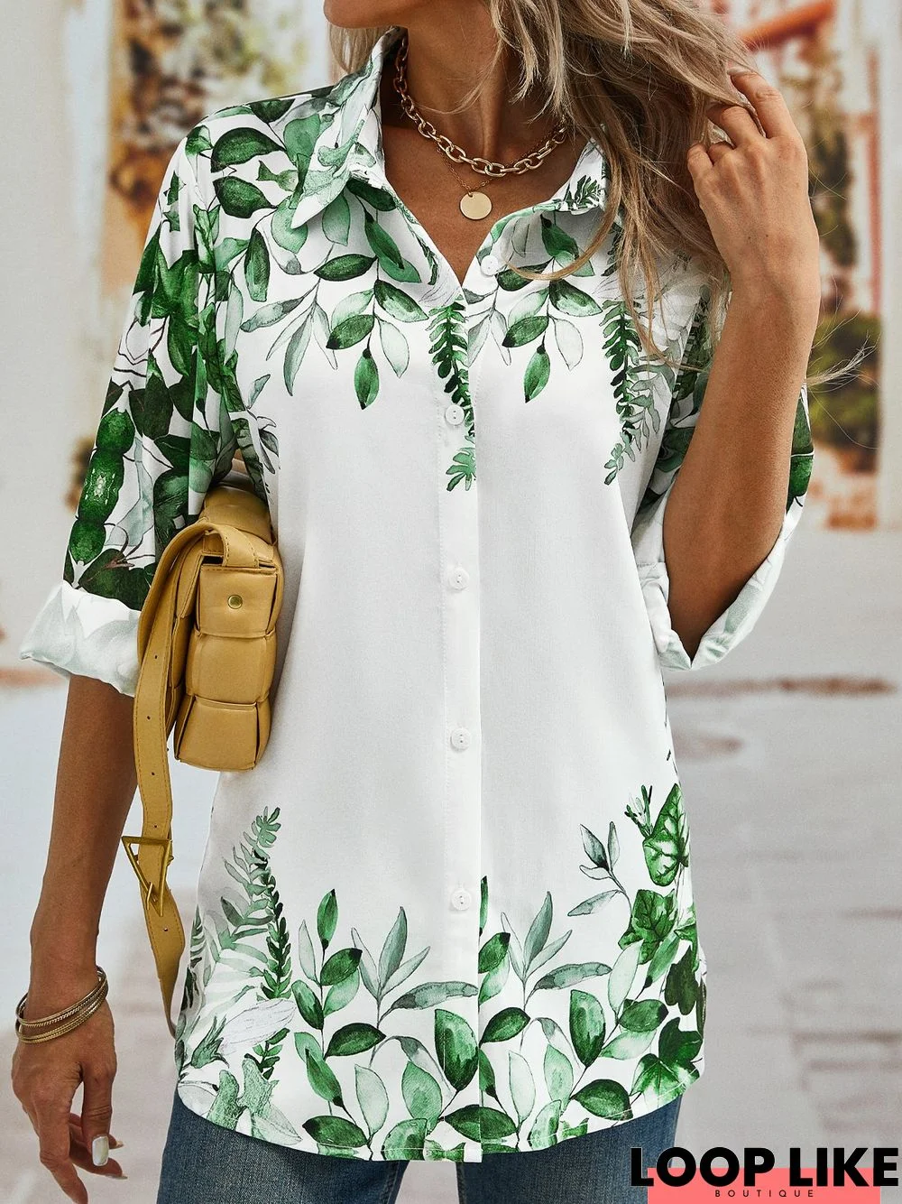 Casual Leaves Long sleeve Shirt Collar Printed Tunic Blouse