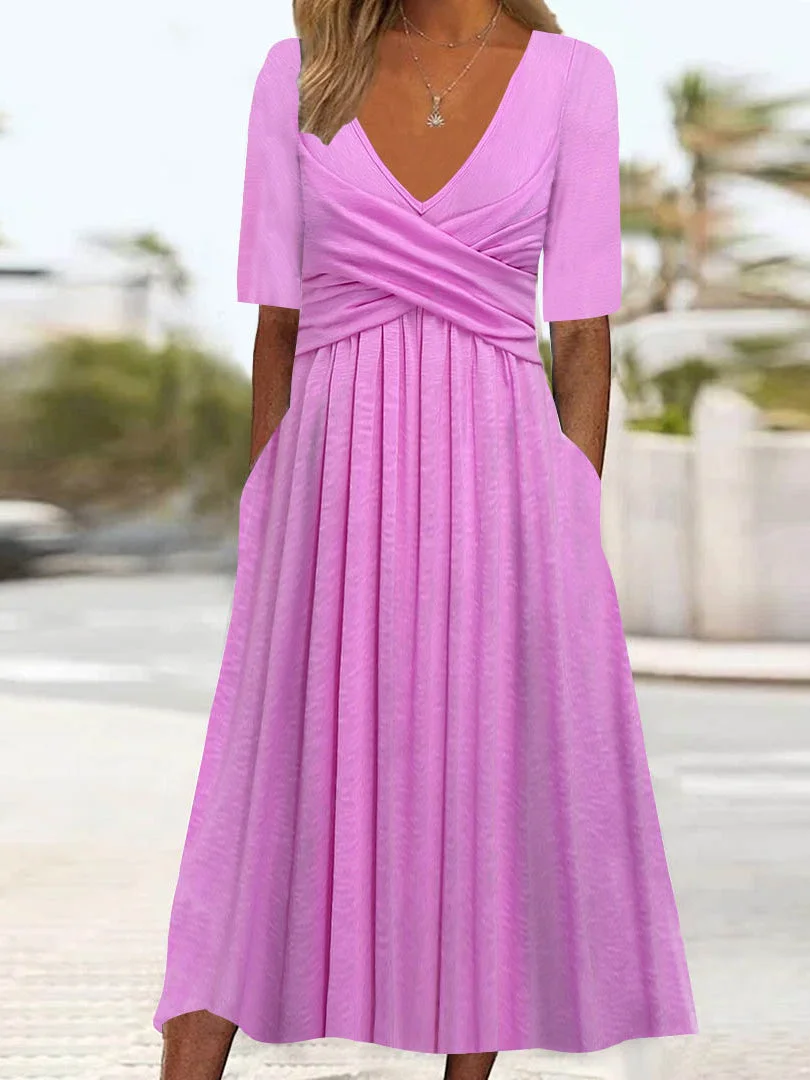Women's Half Sleeve V-neck Solid Color Midi Dress