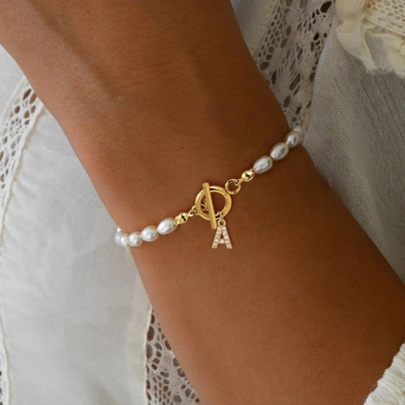 Elegant Minimalist Letter Artificial Pearl Copper Bracelets