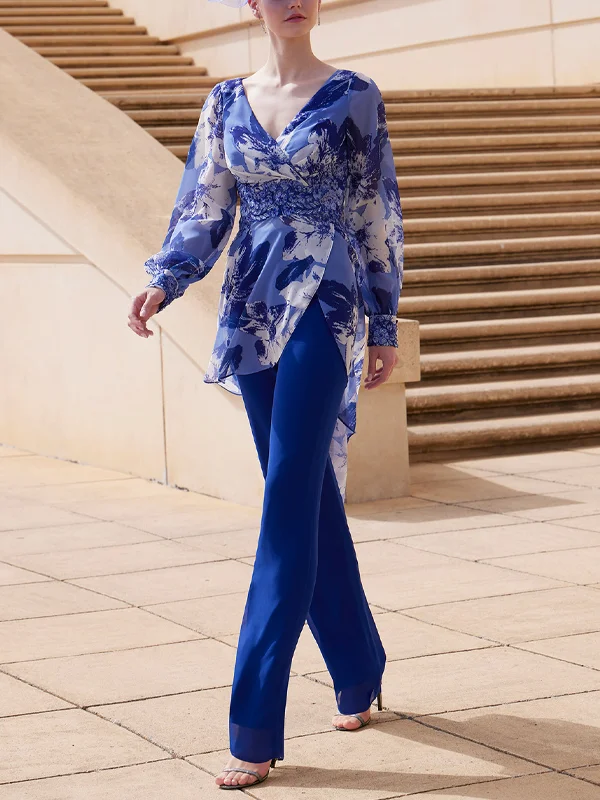V-neck Printed Top And Trousers Suit