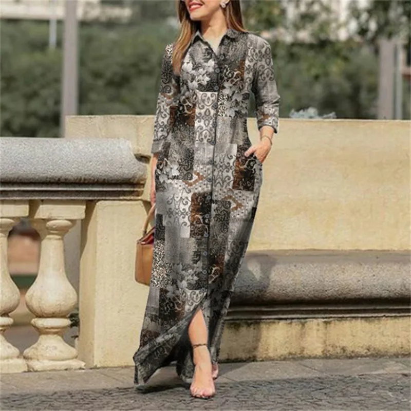Women's Oversized Casual Patchwork Printed Loose Long Dress with Long Sleeves Lapel Buttons Party Oversized Long Dress