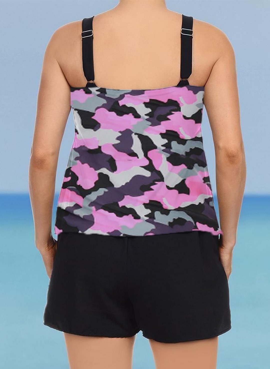 Women S Plus Size Camouflage Tankini With Shorts U Neck Ruched Padded Two Piece Swimsuits