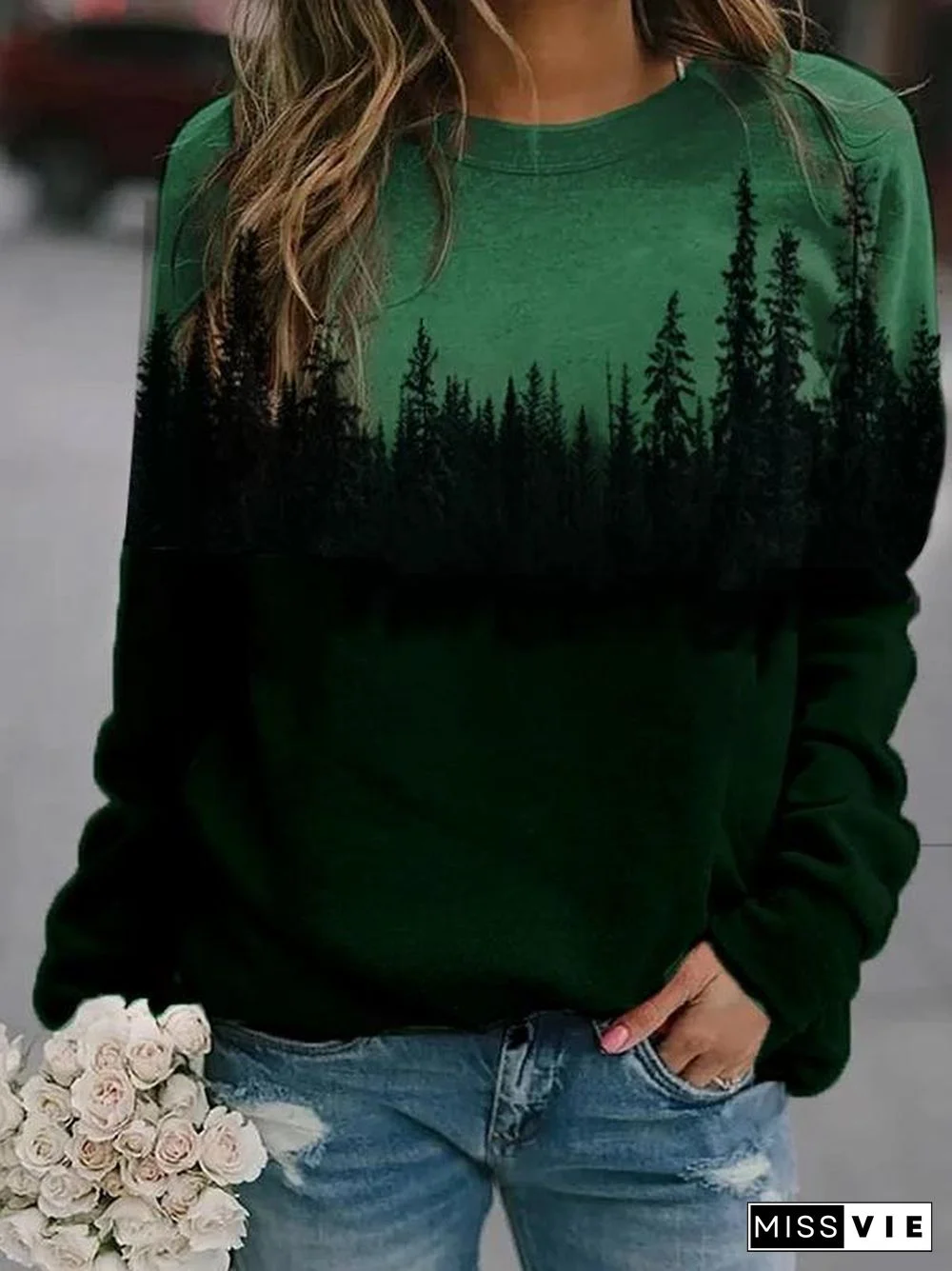 Round Neck Loose Printed Hoodie