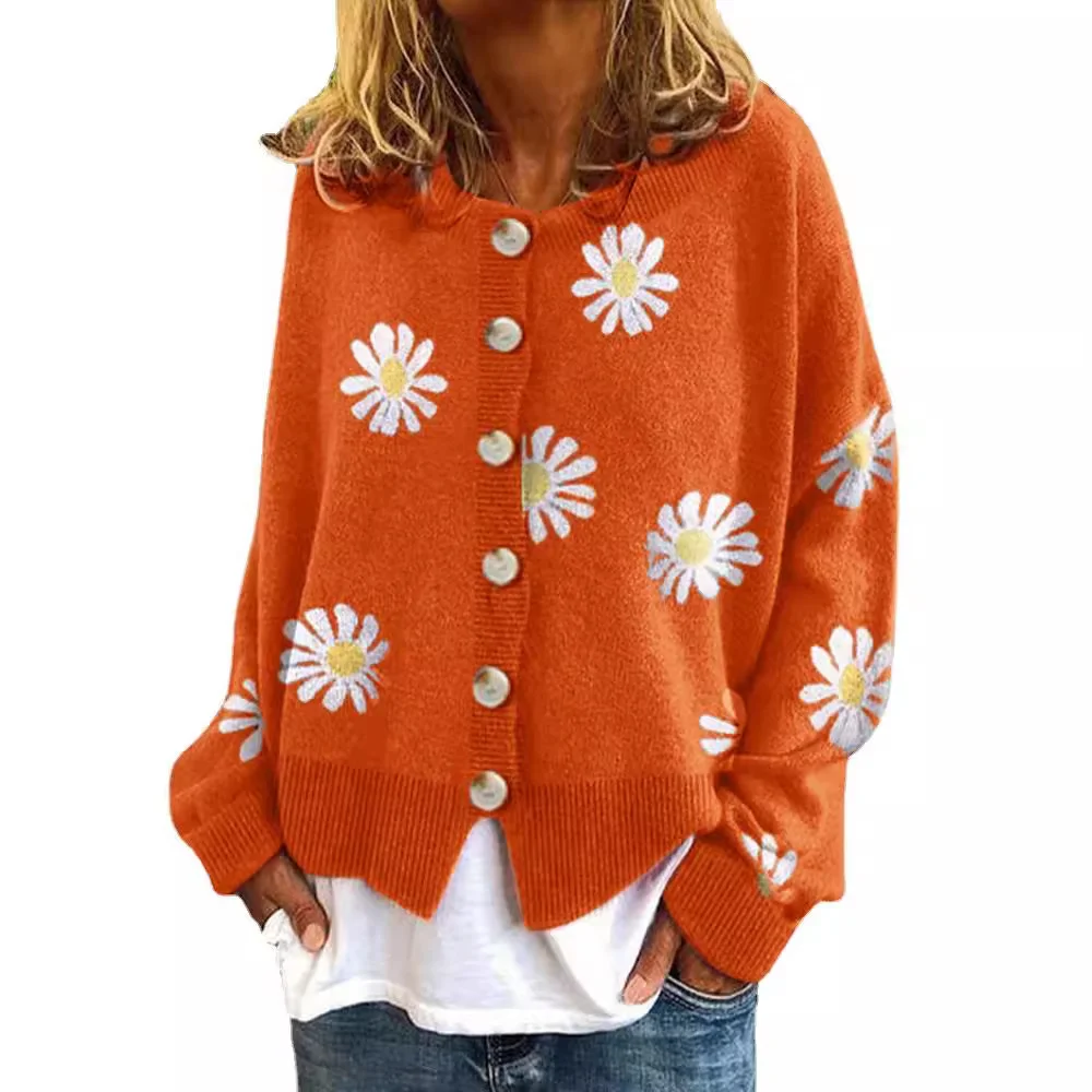 Wongn Wongn 2023 Autumn / Winter Sweater Women's Small Autumn Chrysanthemum Embroidery Needle Knitting Cardigan Women's Clothing