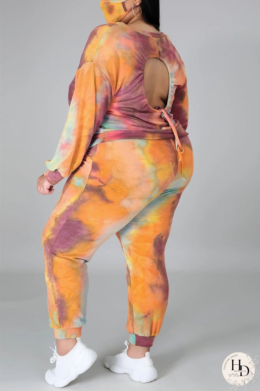 Dark Blue Fashion Casual Print Tie Dye Tie-dye Backless O Neck Plus Size Set