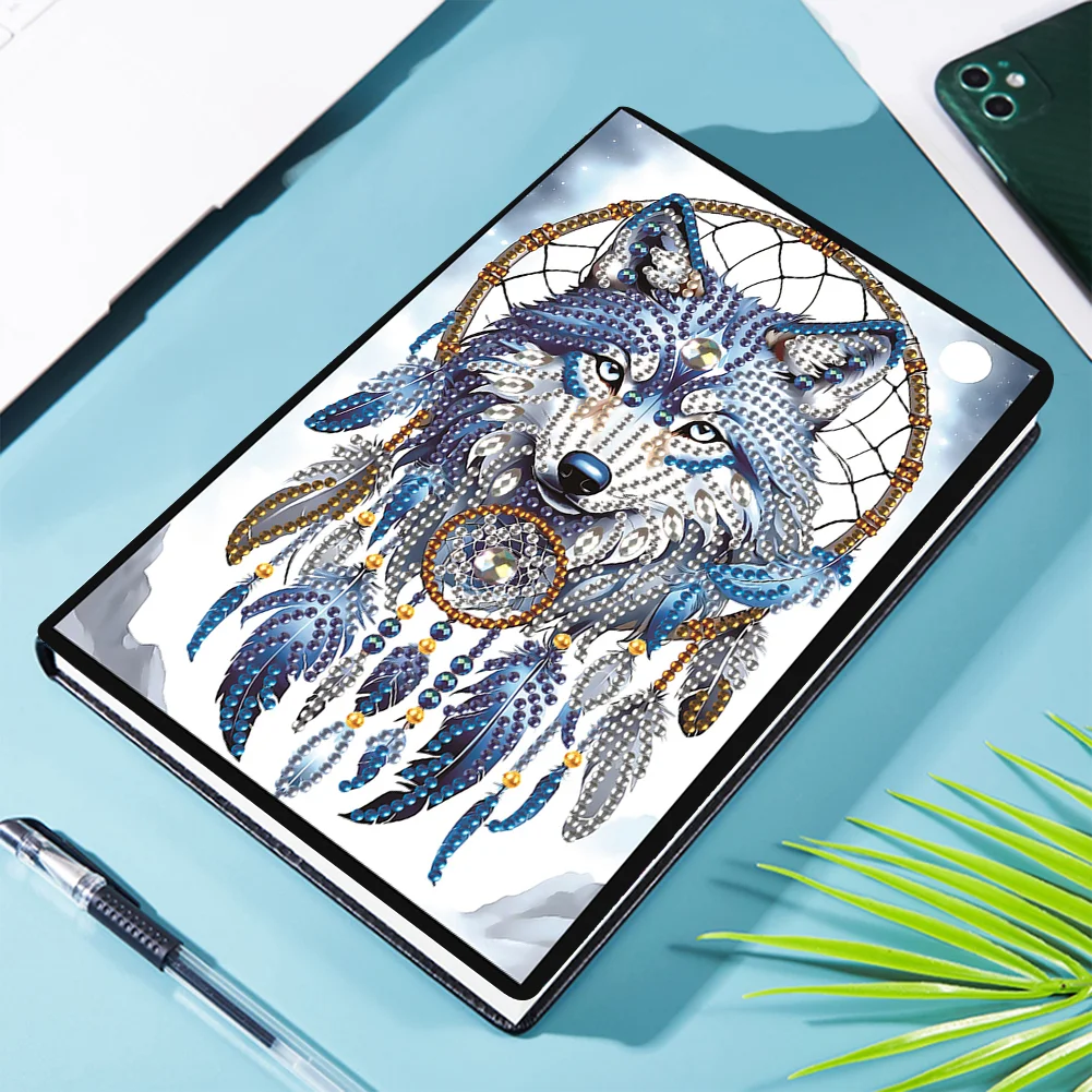 Animal Diamond Painting Notebook DIY Diamond Art Diary Book(Dreamcatcher Wolf B)