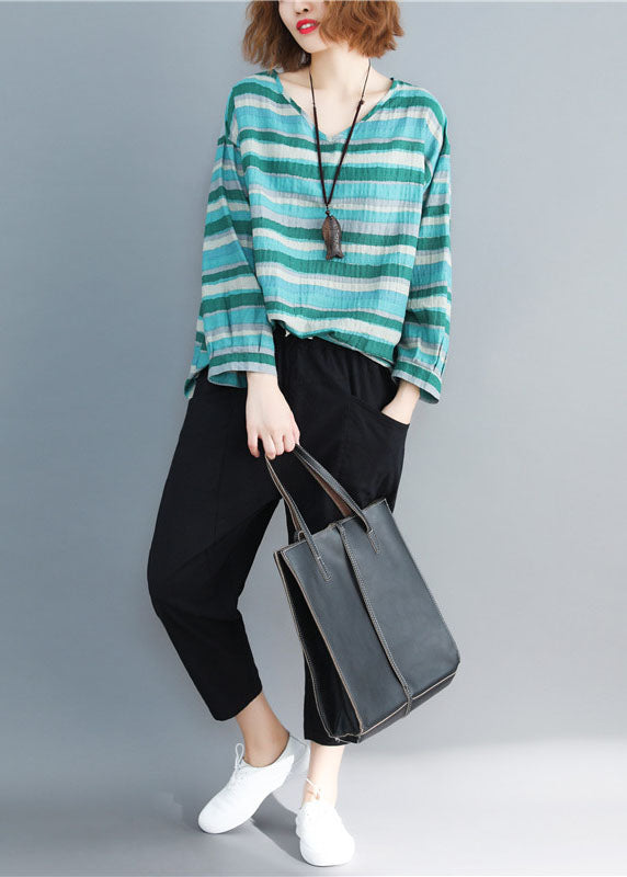 VCSHOES Blue O Neck Striped Print Cotton Blouse Top Spring