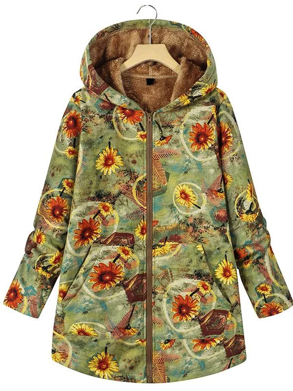 Women's Long Sleeve Floral Printed Stitching Hooded Coat Top