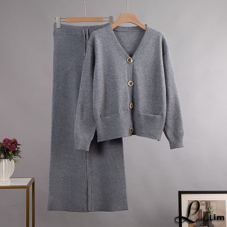 Wide-Leg Pants Suit with V-Neck Cardigan Sweater