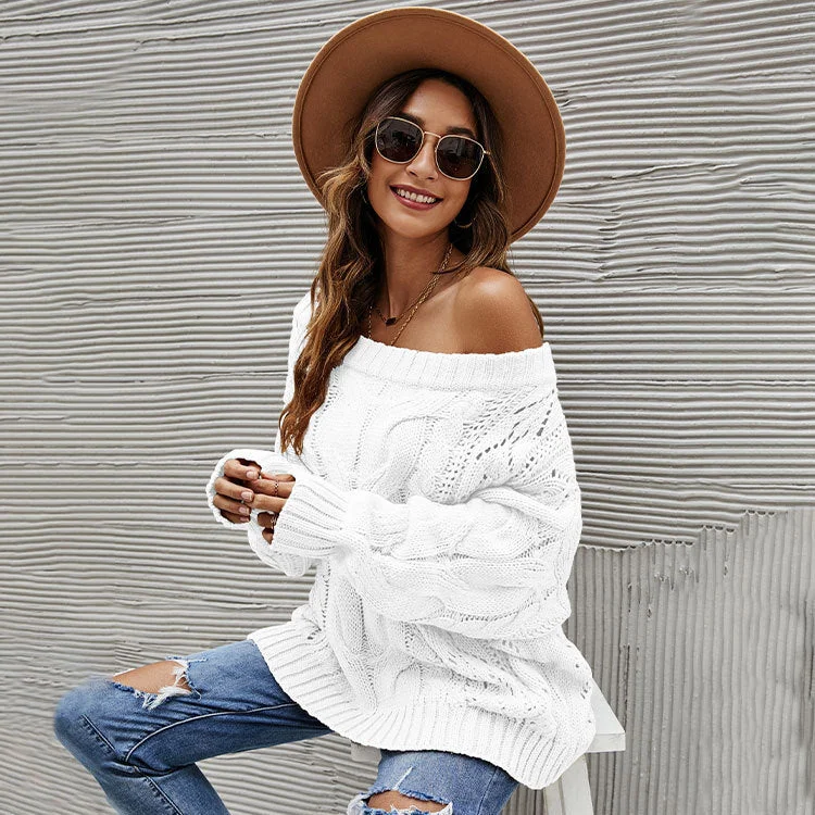 Autumn and winter off shoulder large loose sweater with straight neck solid color Pullover Sweater (female)