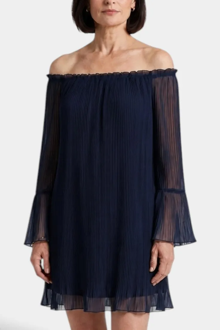 Off-Shoulder Pleated Dress with Bell Sleeves
