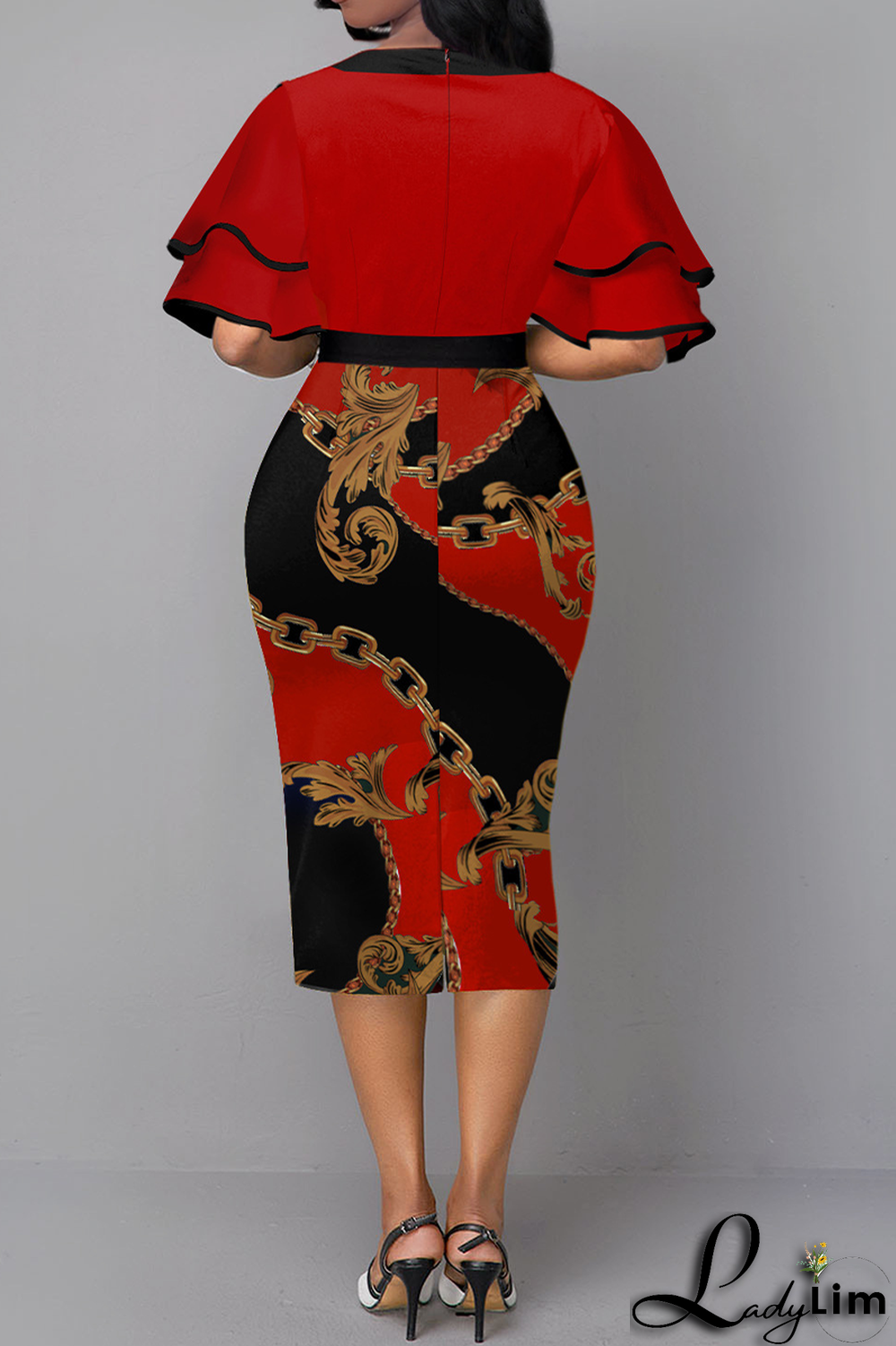 Blue Vintage Print Flounce O Neck Pencil Skirt Dresses