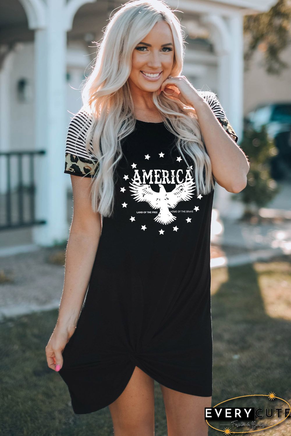 Black AMERICA Eagle Graphic Leopard Striped Sleeve Dress