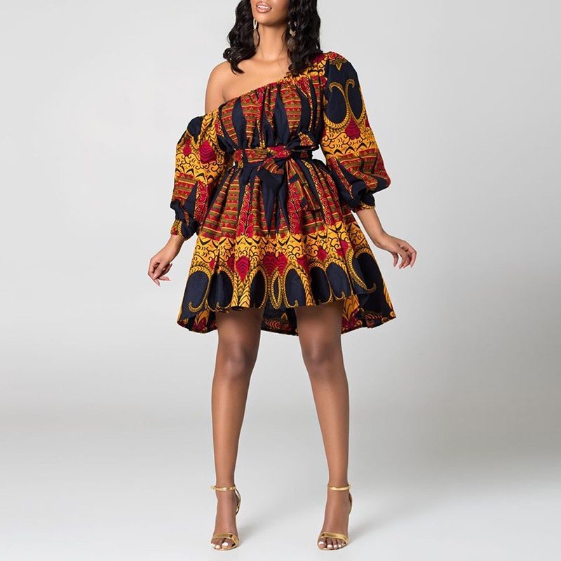 Totem-Print One-Shoulder Puff-Sleeve Mini Dress wearshes