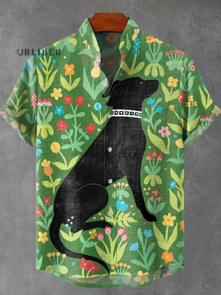 Vintage Illustration of Cute Puppy and Flower Print Casual 100% Cotton Shirt