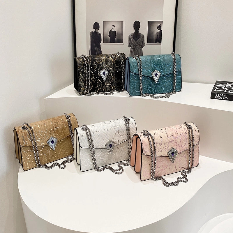 Women's Small Pu Leather Snakeskin Elegant Square Magnetic Buckle Crossbody Bag