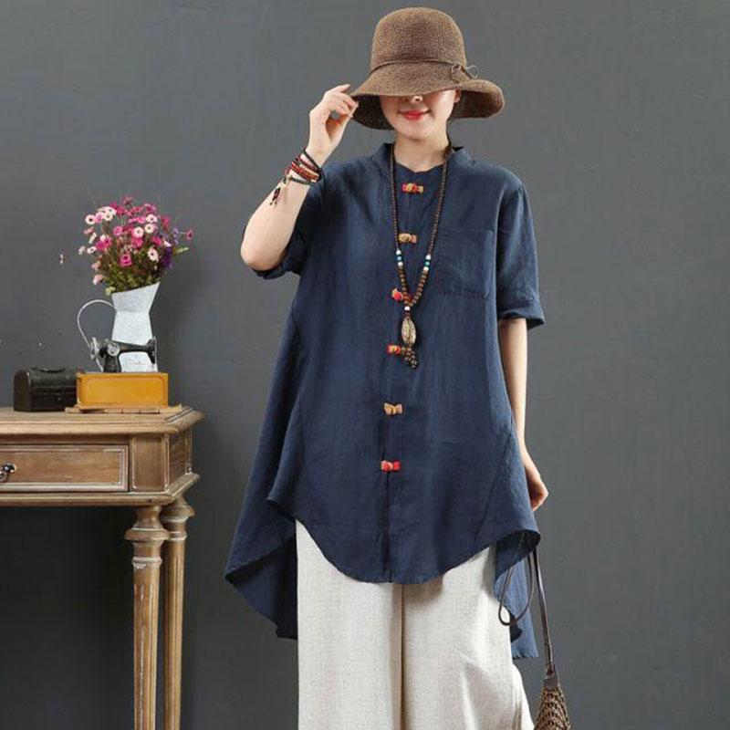 Short Sleeve Loose Colours Button Long Linen Tops Vintage Blouses