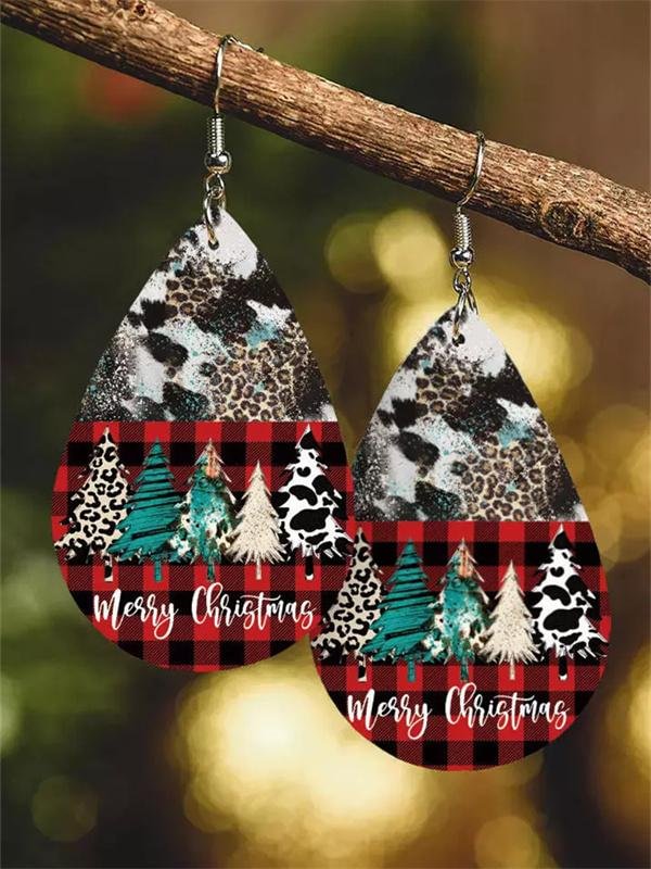 Merry Christmas Tree Leopard Plaid Water Drop Earrings