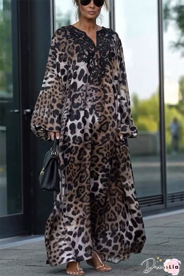 Leopard Print V Neck High Waist Plus Size Dresses