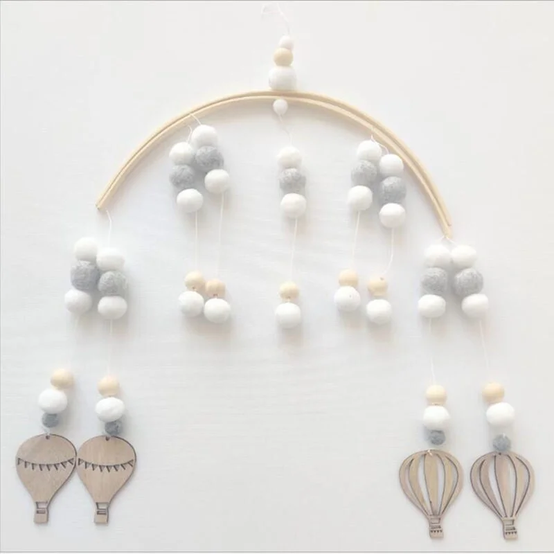 INS Nordic Wooden Beads Wind Chimes with Wool Balls Newborn Baby Bed Hanging Windbell Crib Tent Kids Room Decorations Ornaments