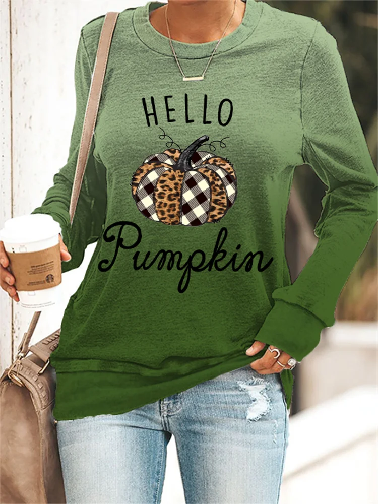 Vefave Hello Pumpkin Leopard Plaid Pumpkin Gradient Sweatshirt