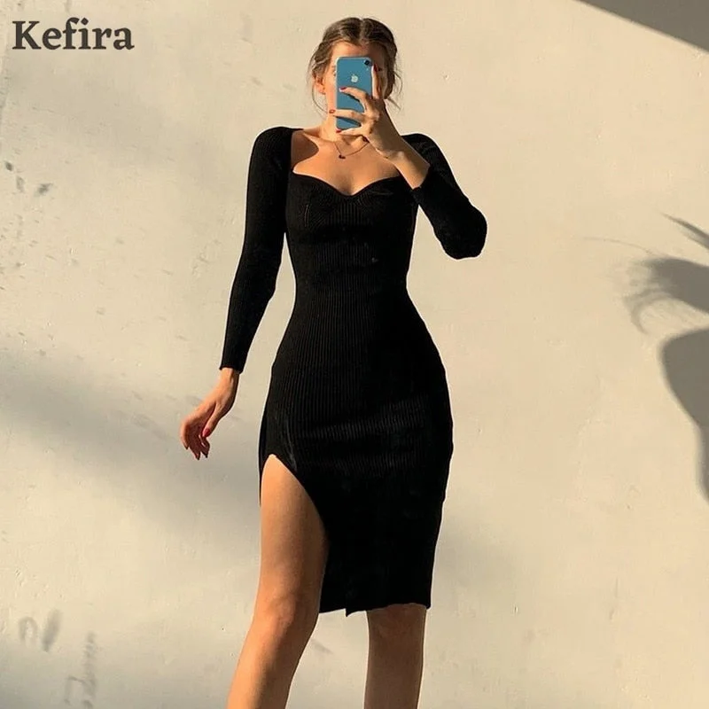 Jacuqeline 2022 Knitted Green Midi Sexy Bodycon Women Dress Spring Long Sleeve Off Shoulder Split Elegant Sweater Party Dresses