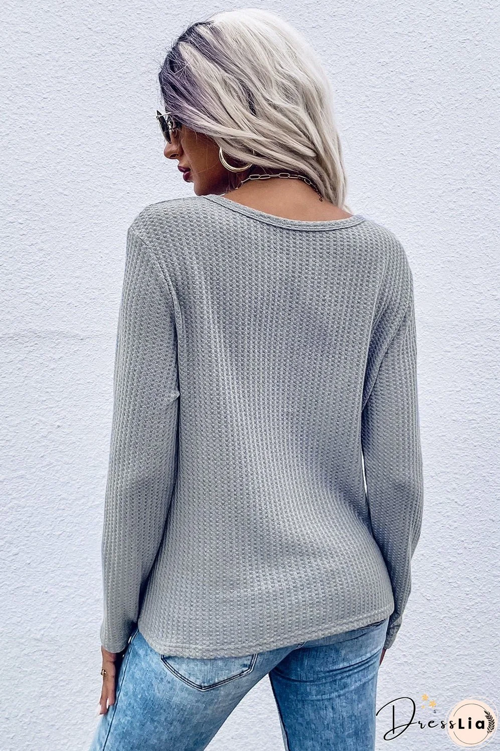 Twist Front Long Sleeve Waffle Knit Top