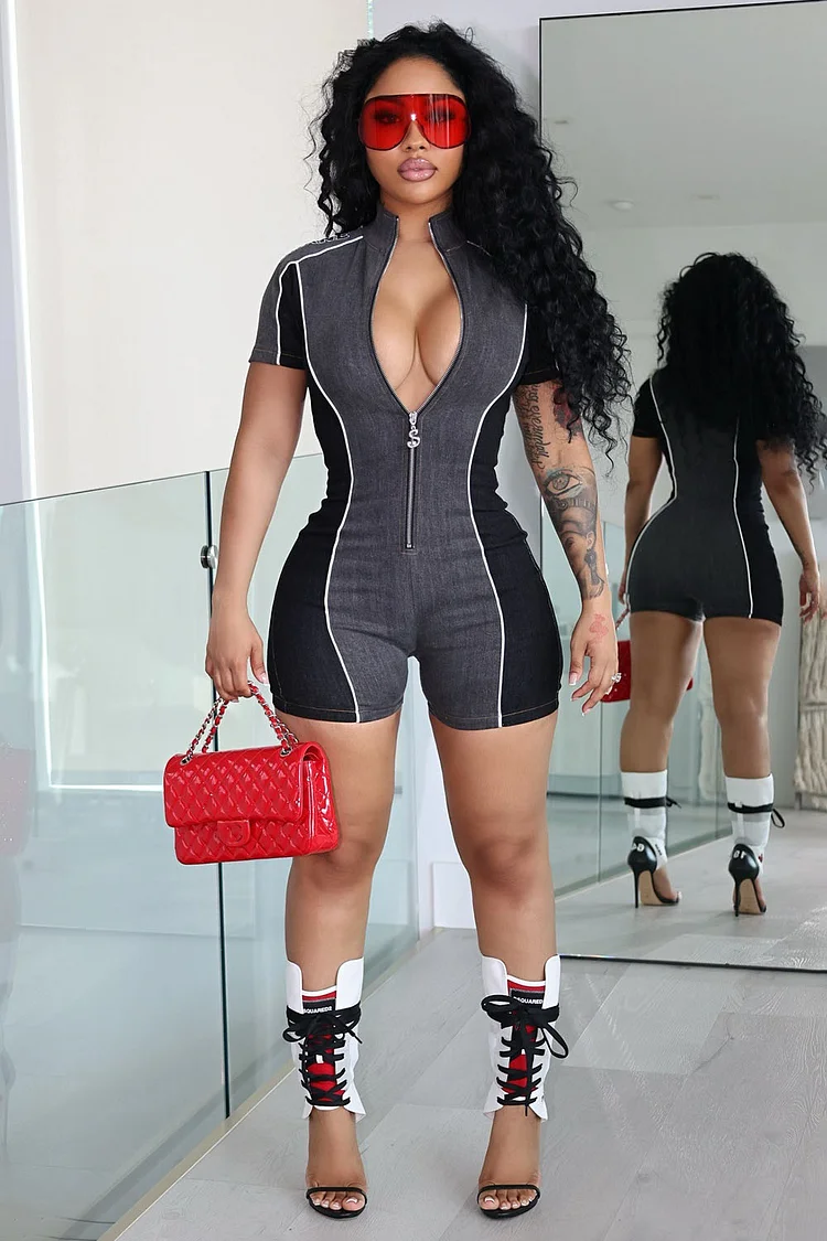 Patchwork Zip-Up Mock Neck Bodycon Casual Romper Playsuit-Gray