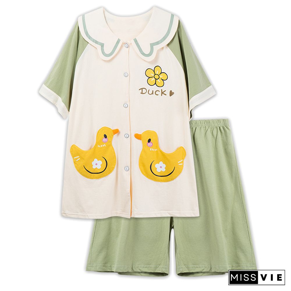 Cartoon Animal Fruit Print Cotton Pocket Pajamas Set
