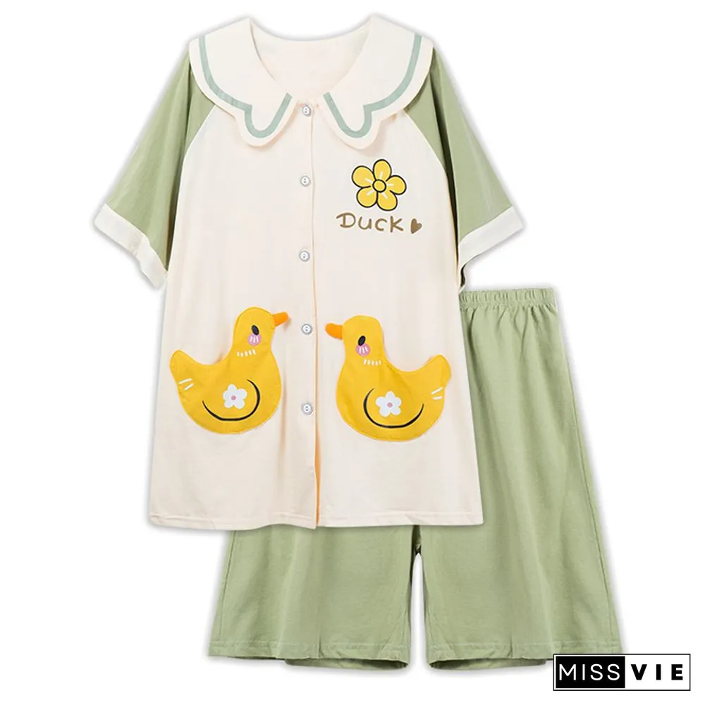 Cartoon Animal Fruit Print Cotton Pocket Pajamas Set