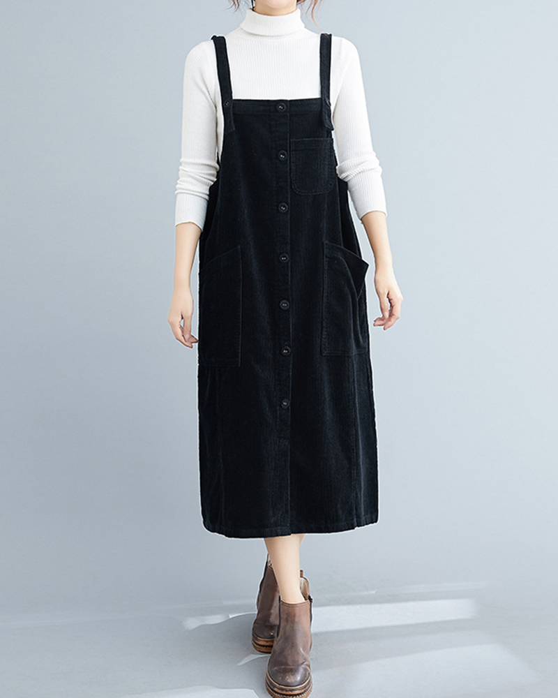 Button Down Front Multiple Pockets Strap Midi Dress