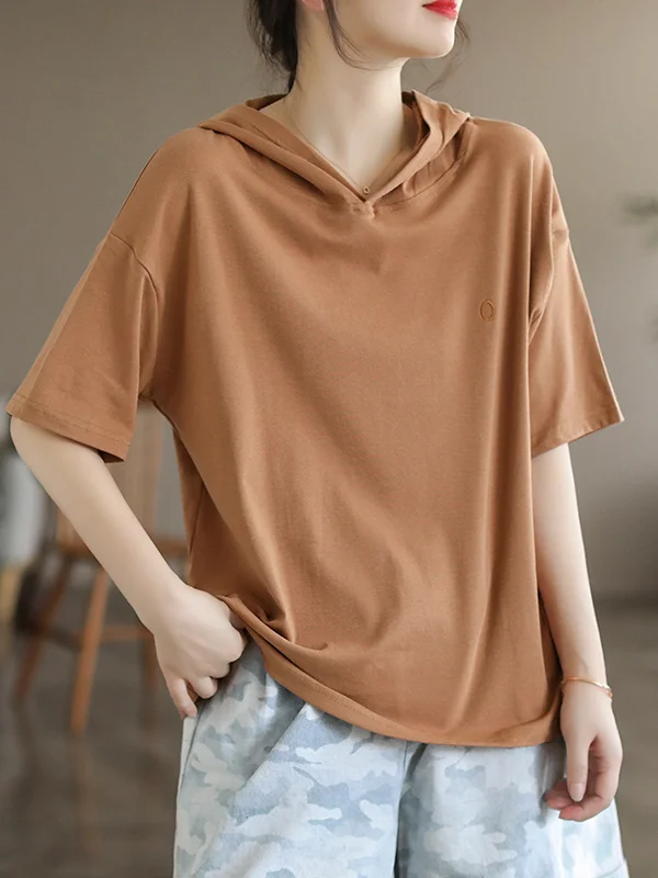 Short Sleeves Hooded Solid Color Hooded T-Shirts Tops