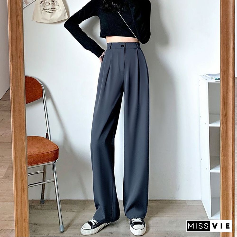 Fashion Thin Women Wide Leg Pants Summer High Waist Elastic Office Lady Loose Trousers Vintage Korean Solid Straight Pants New