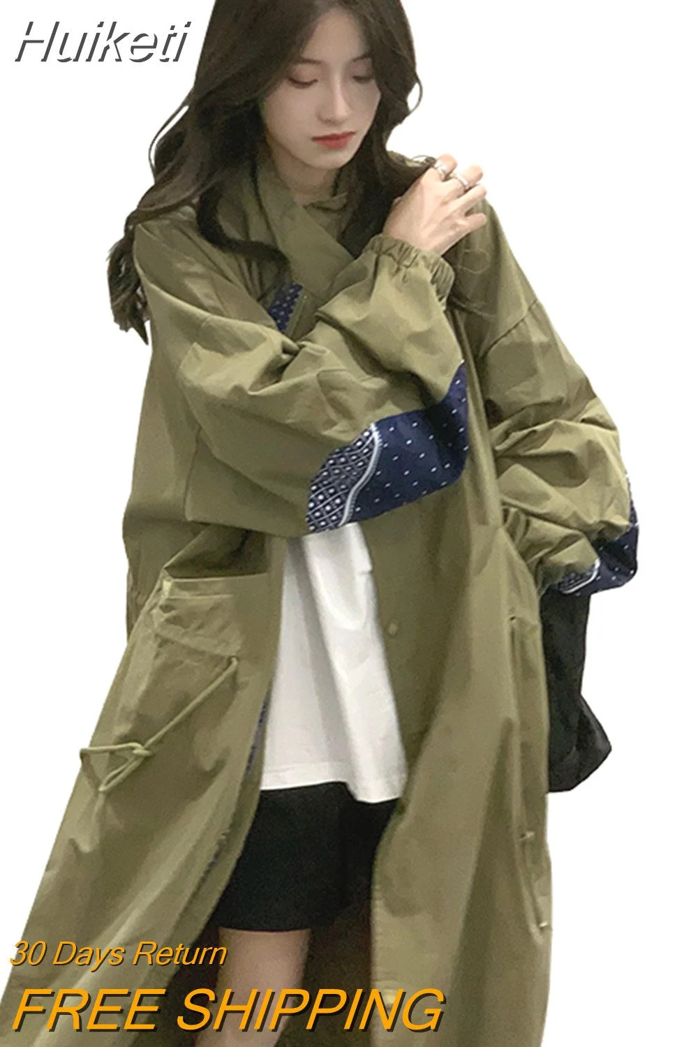 Huiketi Autumn Long Cool Oversized Trench Coat for Women with Hood Zipper Luxury Designer Clothing Windbreaker 2023 New Arrivals