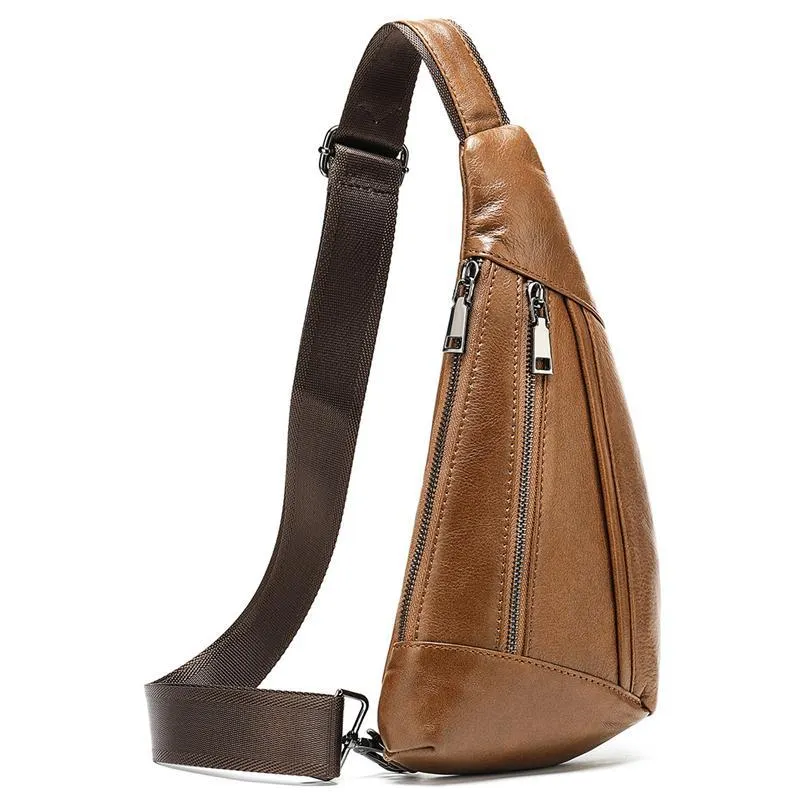 Textured Style Adjustable Strap Genuine Leather Multiple Compartment Sling Backpack