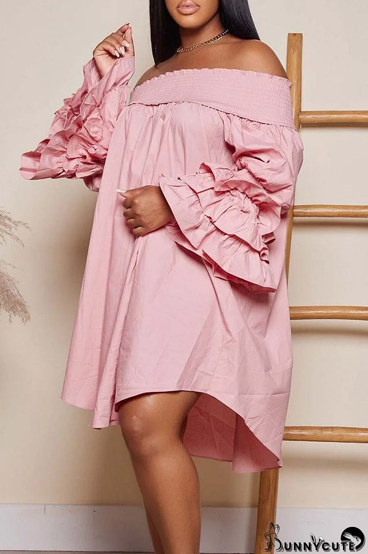 Pink Casual Sweet Solid Patchwork Flounce Fold Off the Shoulder Princess Dresses