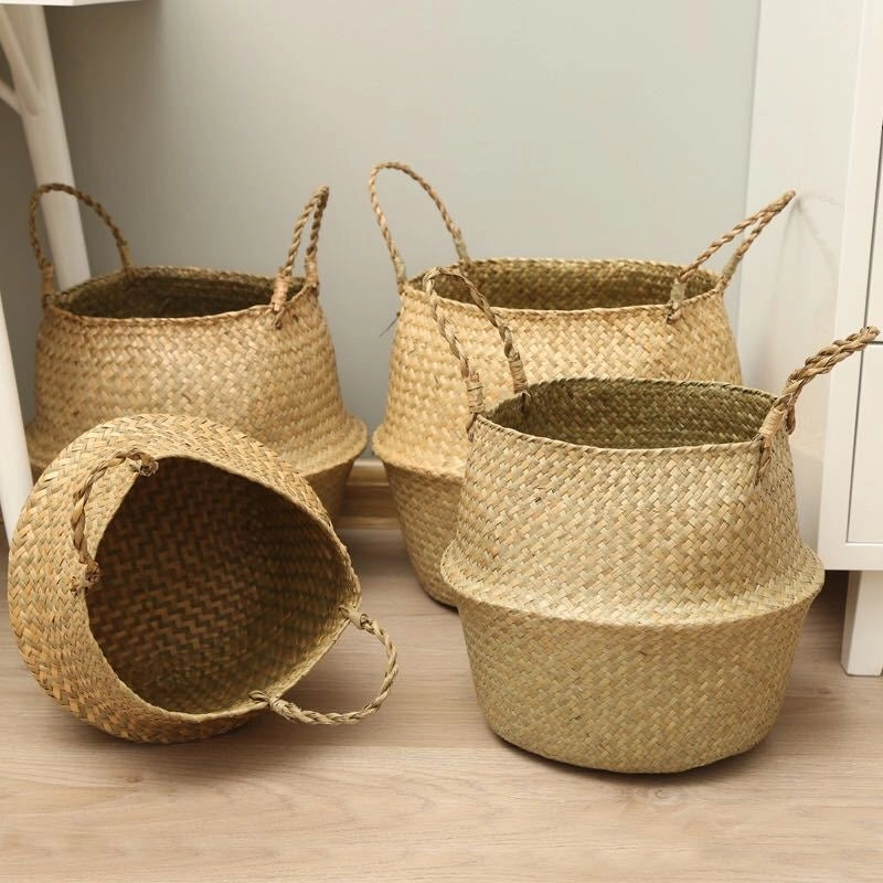 Retro Solid Color Straw Storage Basket