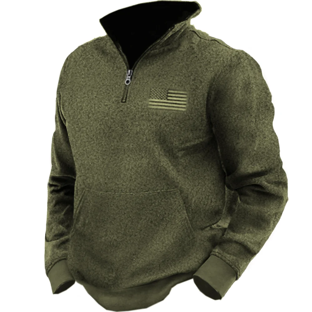 Men's Vintage American Flag Stand Collar Fleece Pocket Sweatshirt