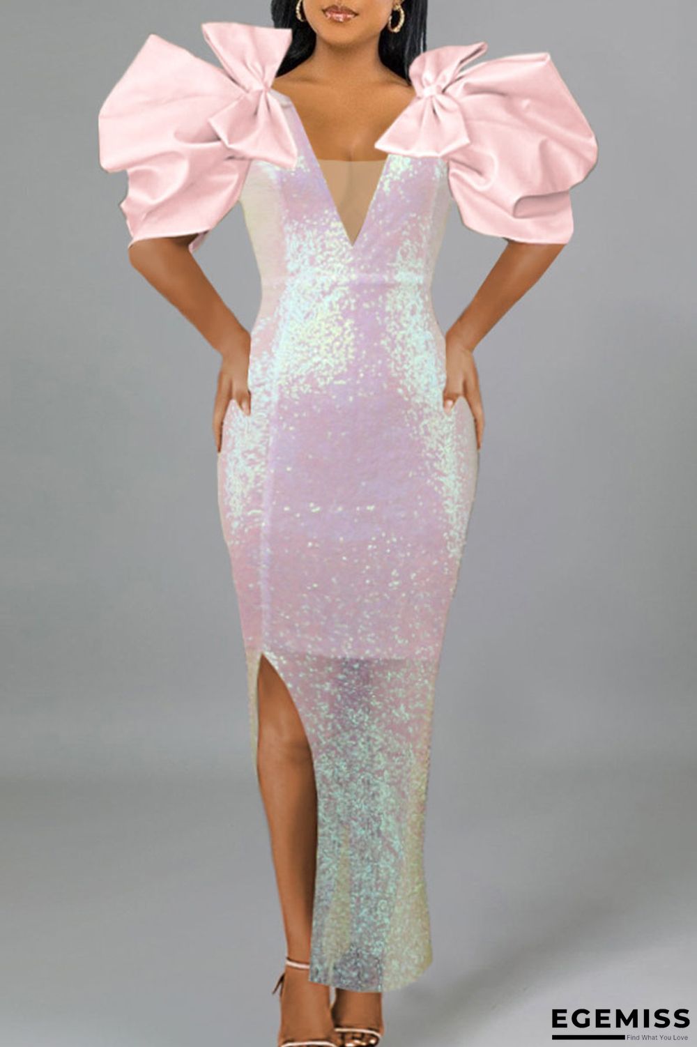 Pink Celebrities Elegant Solid Patchwork With Bow V Neck Evening Dress Dresses | EGEMISS