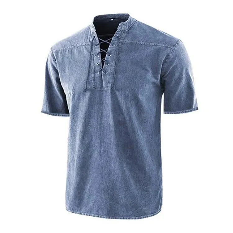 Men's Retro Lace Up Collar Casual Short Sleeve Shirt 98847664M