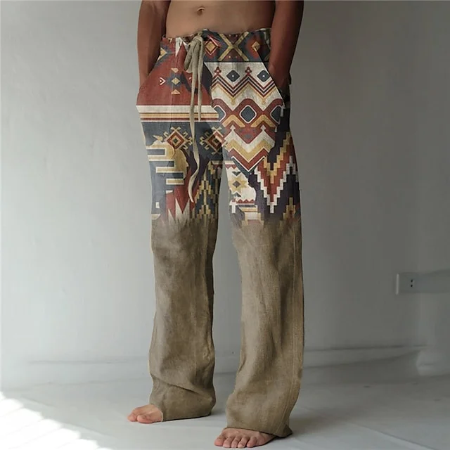 Comstylish Men's Color Block Geometric Pattern Print Loose Fit Pants
