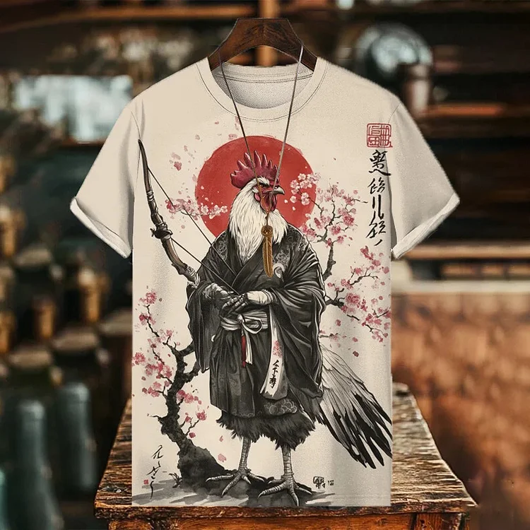 Men's Japanese Chicken Archer Cherry Blossom Art Print Casual T-shirt
