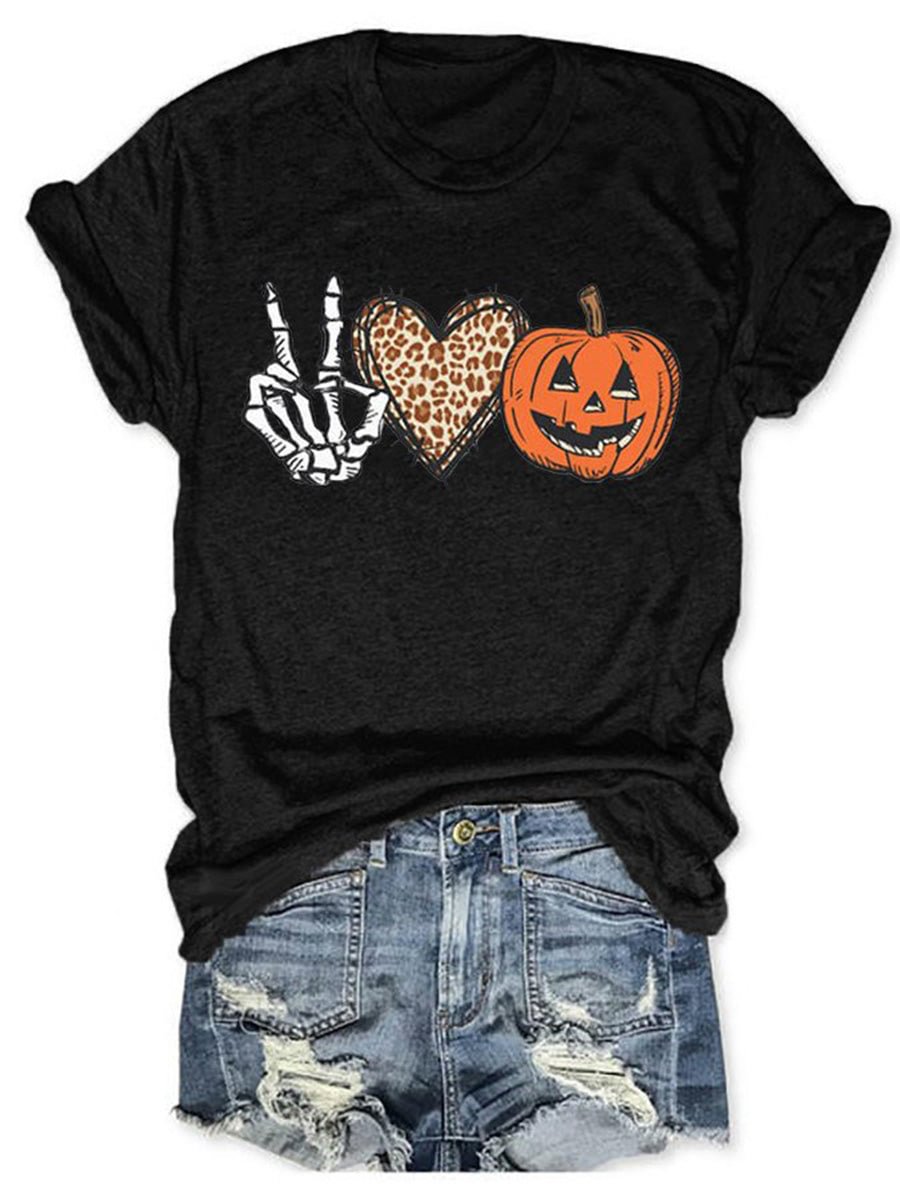 Skull Peace Love Pumpkin Halloween Round Neck Short Sleeves T-shirt