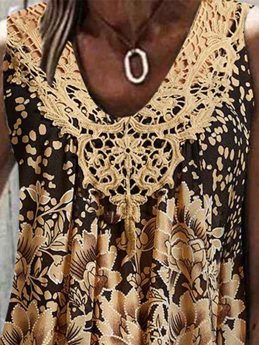 Women's Sleeveless V-neck Floral Printed Lace Stitching Colorblock Tops
